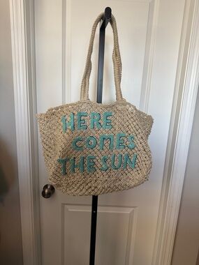 Here Comes The Sun Straw Tote - Turquoise Lettering